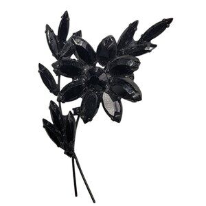 Japped Black Rhinestone Flower Brooch Vintage Black Stones Long Floral Pin
